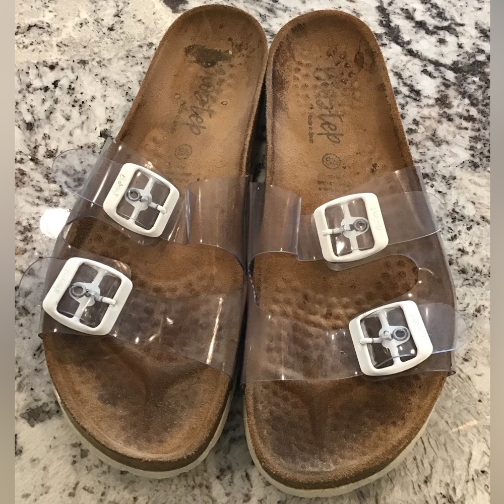 Biostep Clear Tan & White double buckle cork shoes size 8.5